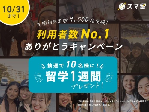 【抽選10名様】留学1週間プレゼント！利用者数No.1ありがとうキャンペーン