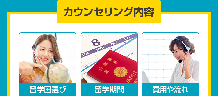 カウンセリング内容 留学国選び・留学期間・費用や流れ